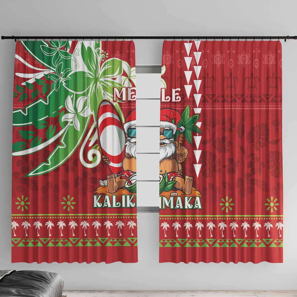 Hawaii Christmas Window Curtain Funny Santa Claus Surf Mele Kalikimaka LT05 With Hooks Red - Polynesian Pride