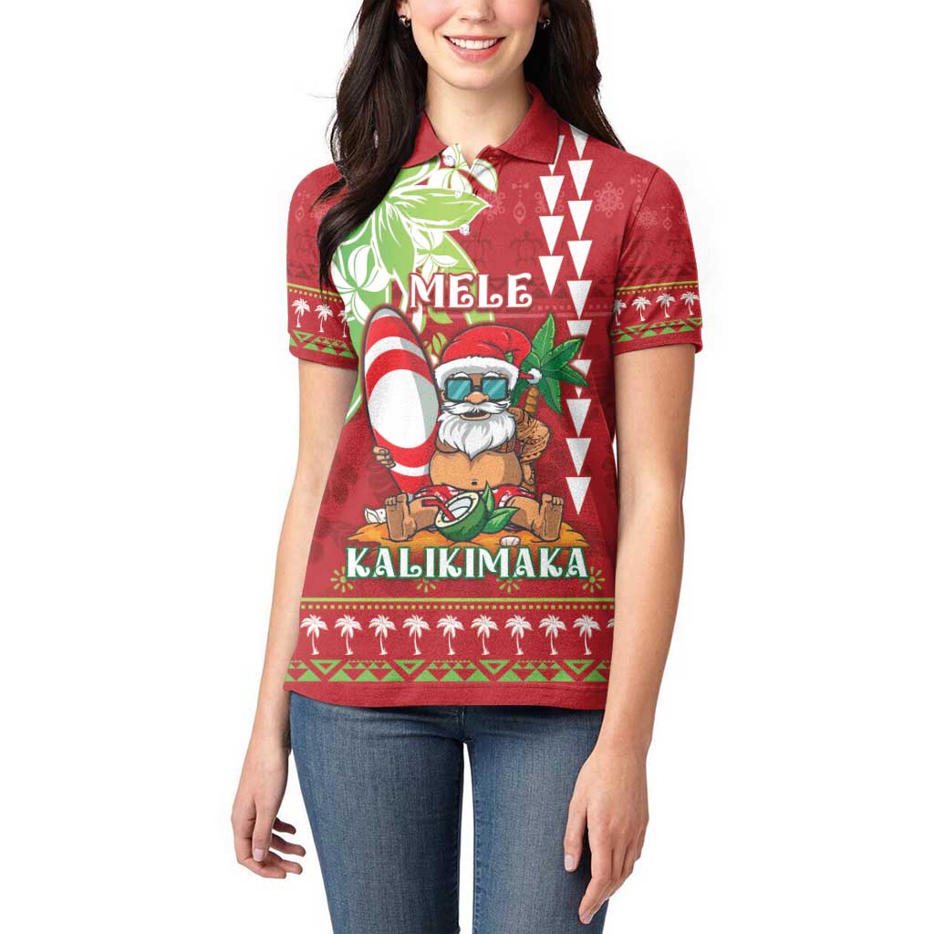 Personalised Hawaii Christmas Women Polo Shirt Funny Santa Claus Surf Mele Kalikimaka
