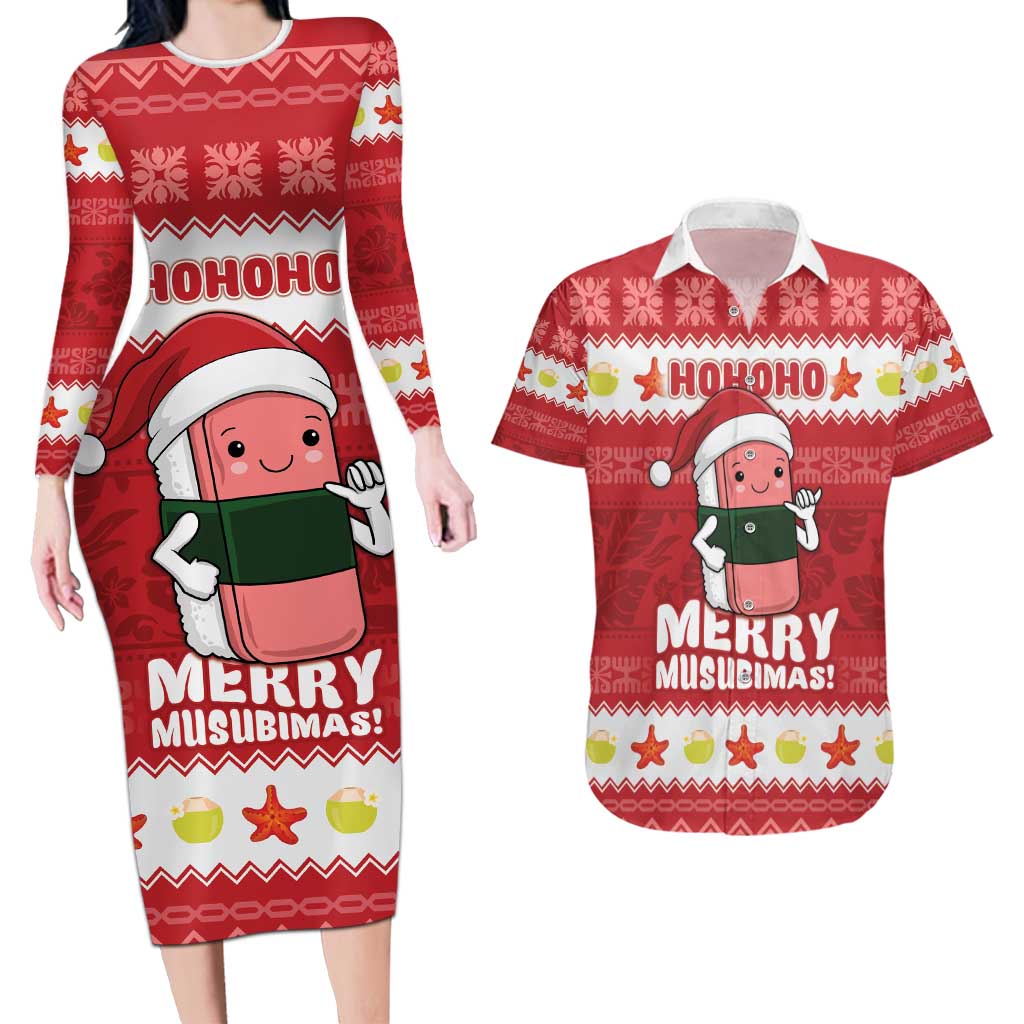 Hawaii Funny Christmas Couples Matching Long Sleeve Bodycon Dress and Hawaiian Shirt Spam Musubi Santa