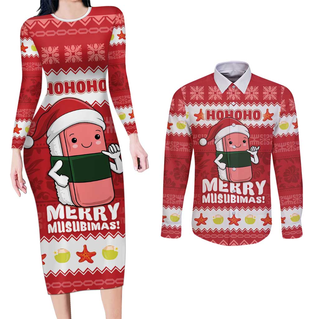 Hawaii Funny Christmas Couples Matching Long Sleeve Bodycon Dress and Long Sleeve Button Shirt Spam Musubi Santa LT05 Red - Polynesian Pride