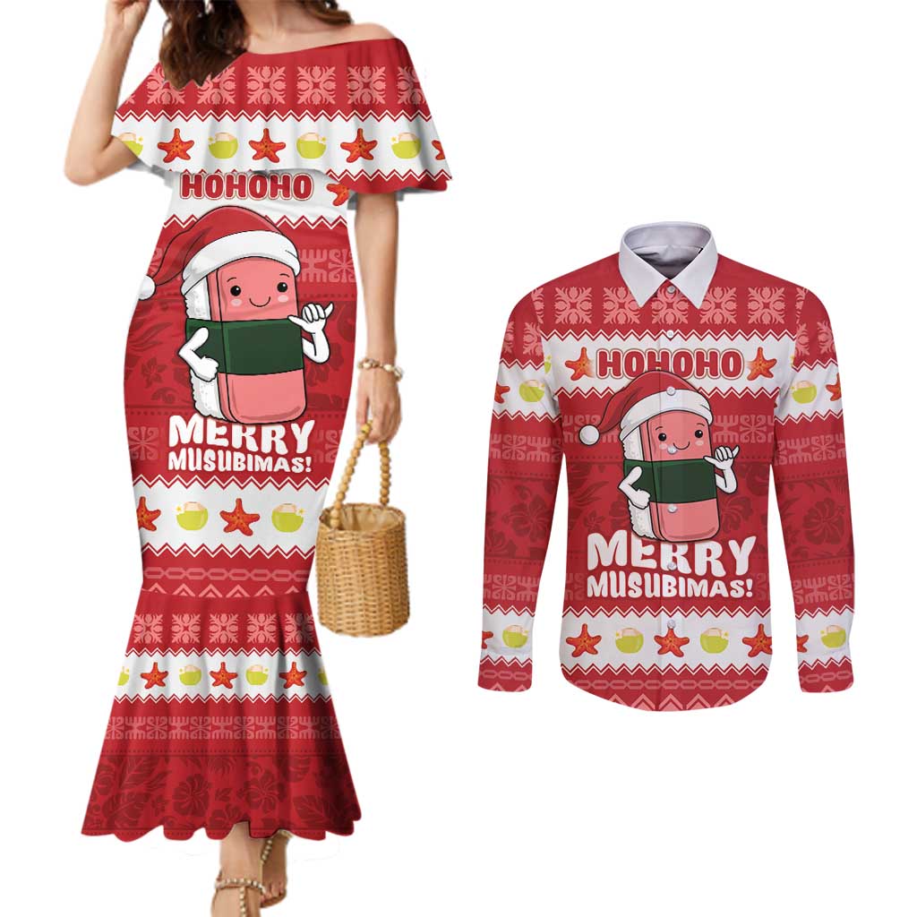Hawaii Funny Christmas Couples Matching Mermaid Dress and Long Sleeve Button Shirt Spam Musubi Santa LT05 Red - Polynesian Pride