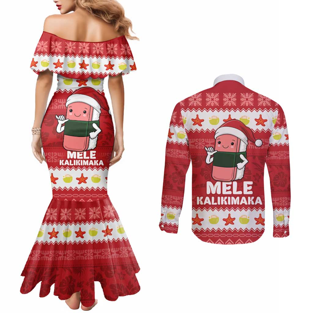 Hawaii Funny Christmas Couples Matching Mermaid Dress and Long Sleeve Button Shirt Spam Musubi Santa LT05 - Polynesian Pride