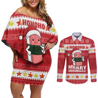 Hawaii Funny Christmas Couples Matching Off Shoulder Short Dress and Long Sleeve Button Shirt Spam Musubi Santa