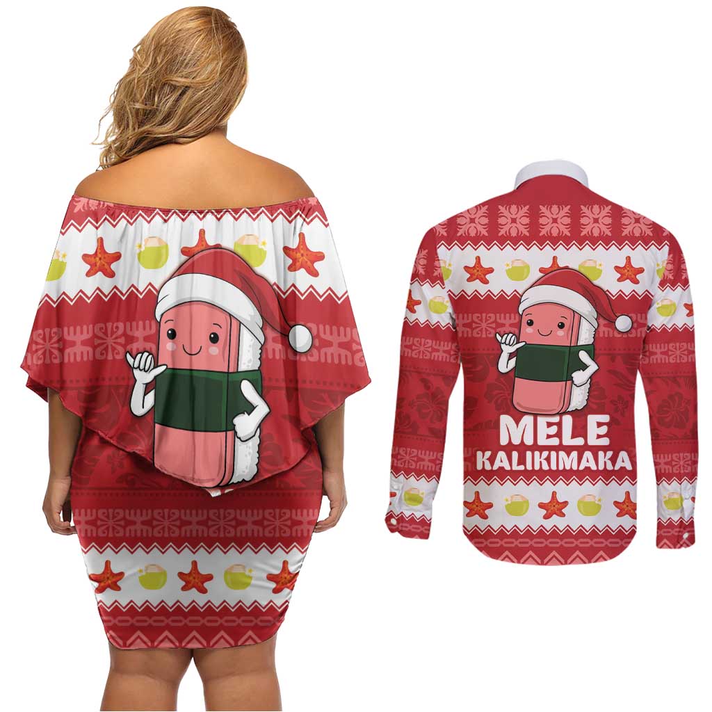 Hawaii Funny Christmas Couples Matching Off Shoulder Short Dress and Long Sleeve Button Shirt Spam Musubi Santa
