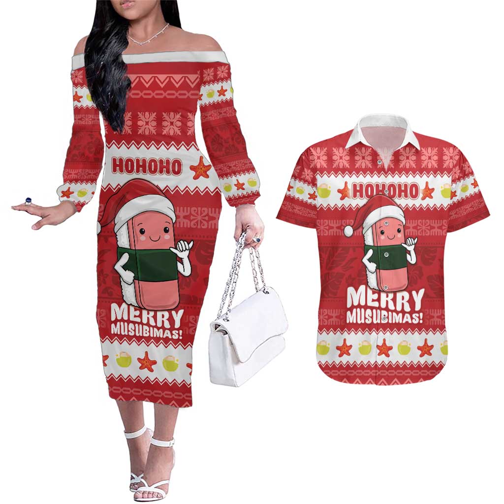Hawaii Funny Christmas Couples Matching Off The Shoulder Long Sleeve Dress and Hawaiian Shirt Spam Musubi Santa LT05 Red - Polynesian Pride