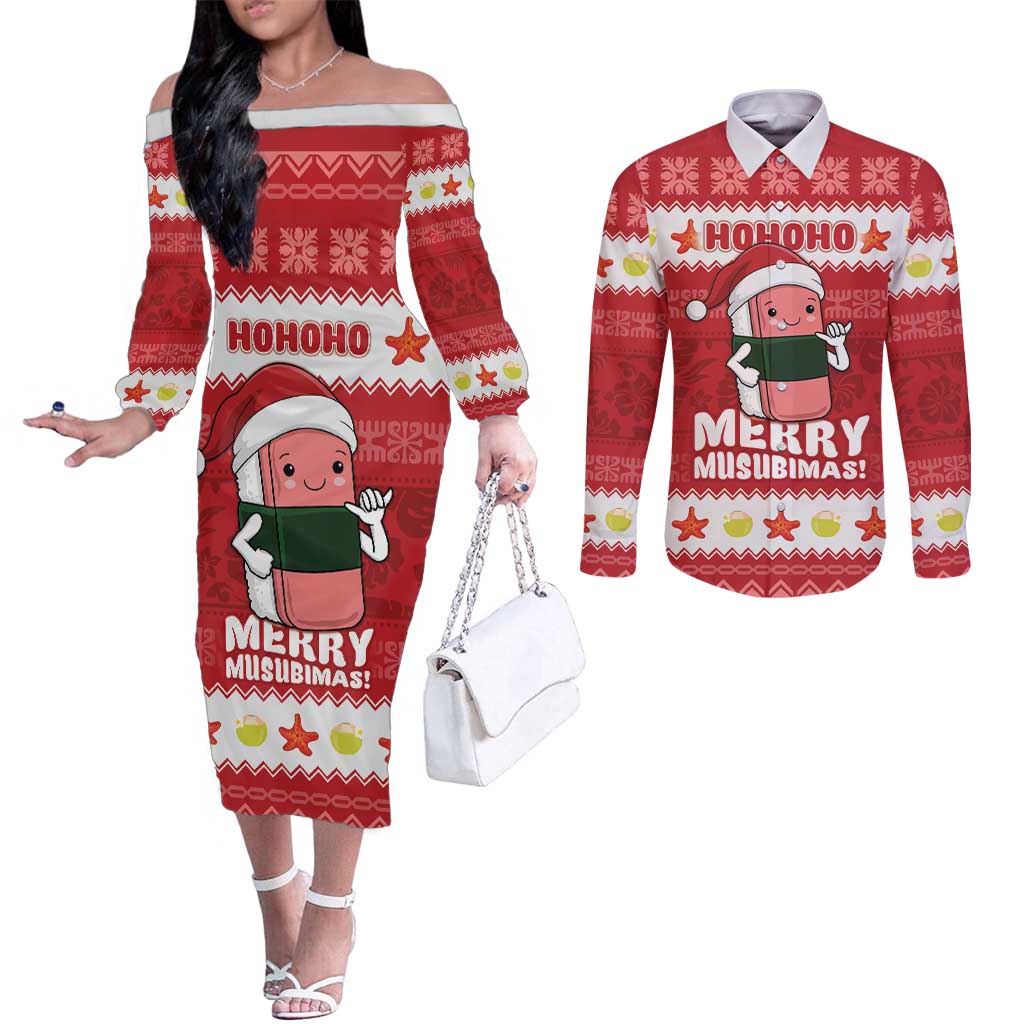 Hawaii Funny Christmas Couples Matching Off The Shoulder Long Sleeve Dress and Long Sleeve Button Shirt Spam Musubi Santa LT05 Red - Polynesian Pride