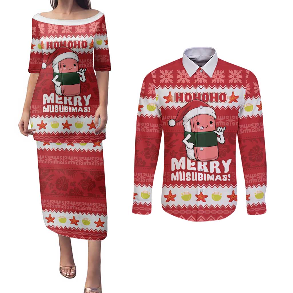 Hawaii Funny Christmas Couples Matching Puletasi and Long Sleeve Button Shirt Spam Musubi Santa LT05 Red - Polynesian Pride