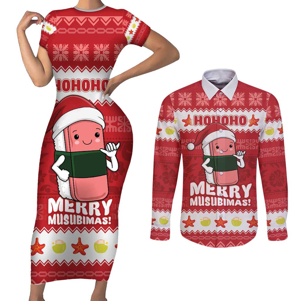 Hawaii Funny Christmas Couples Matching Short Sleeve Bodycon Dress and Long Sleeve Button Shirt Spam Musubi Santa LT05 Red - Polynesian Pride