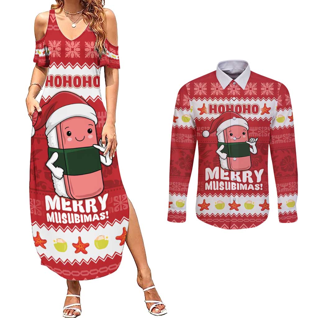 Hawaii Funny Christmas Couples Matching Summer Maxi Dress and Long Sleeve Button Shirt Spam Musubi Santa LT05 Red - Polynesian Pride