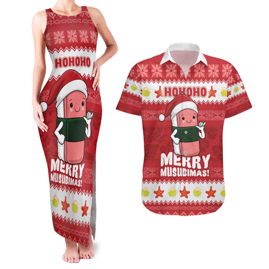Hawaii Funny Christmas Couples Matching Tank Maxi Dress and Hawaiian Shirt Spam Musubi Santa LT05 Red - Polynesian Pride