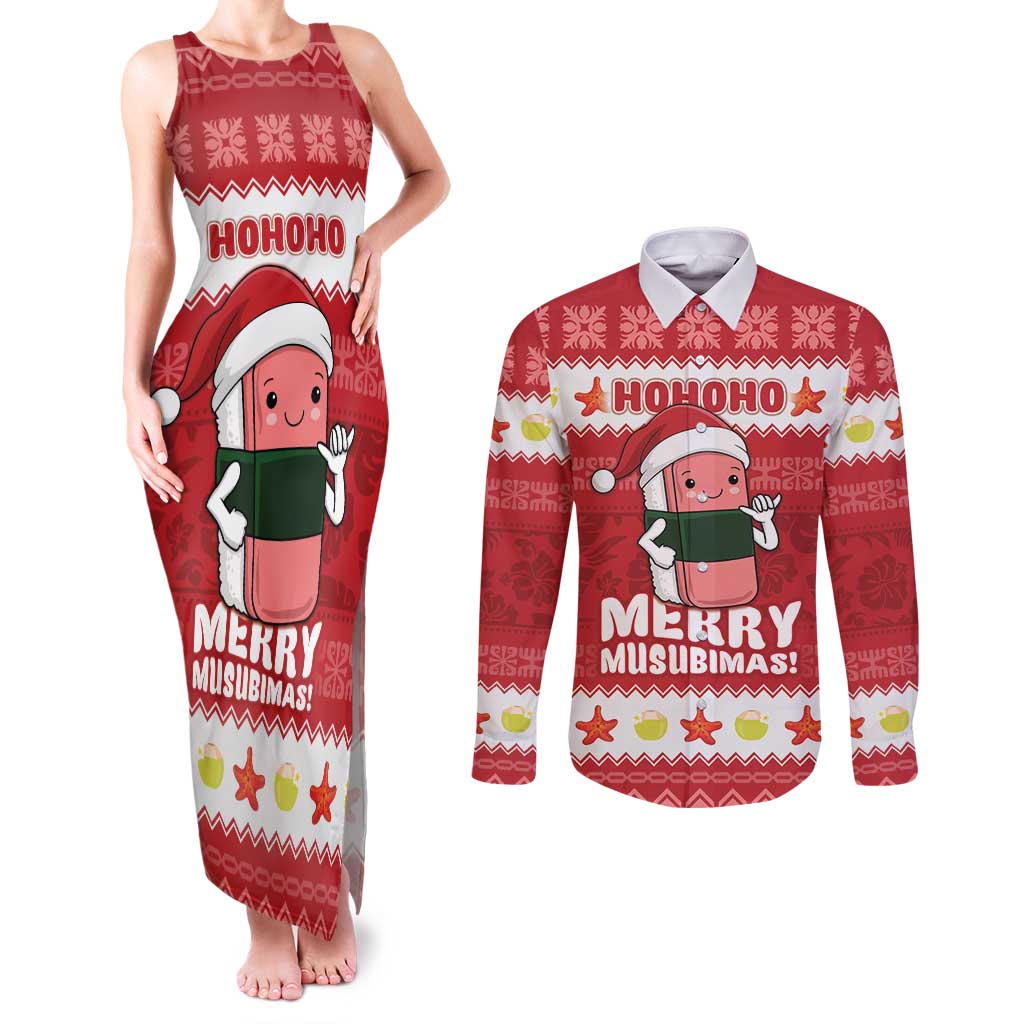 Hawaii Funny Christmas Couples Matching Tank Maxi Dress and Long Sleeve Button Shirt Spam Musubi Santa LT05 Red - Polynesian Pride