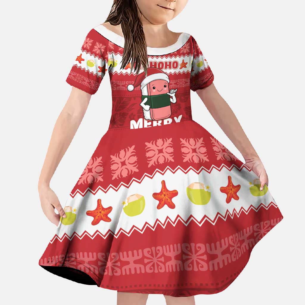 Hawaii Funny Christmas Family Matching Long Sleeve Bodycon Dress and Hawaiian Shirt Spam Musubi Santa LT05 Daughter's Dress Red - Polynesian Pride