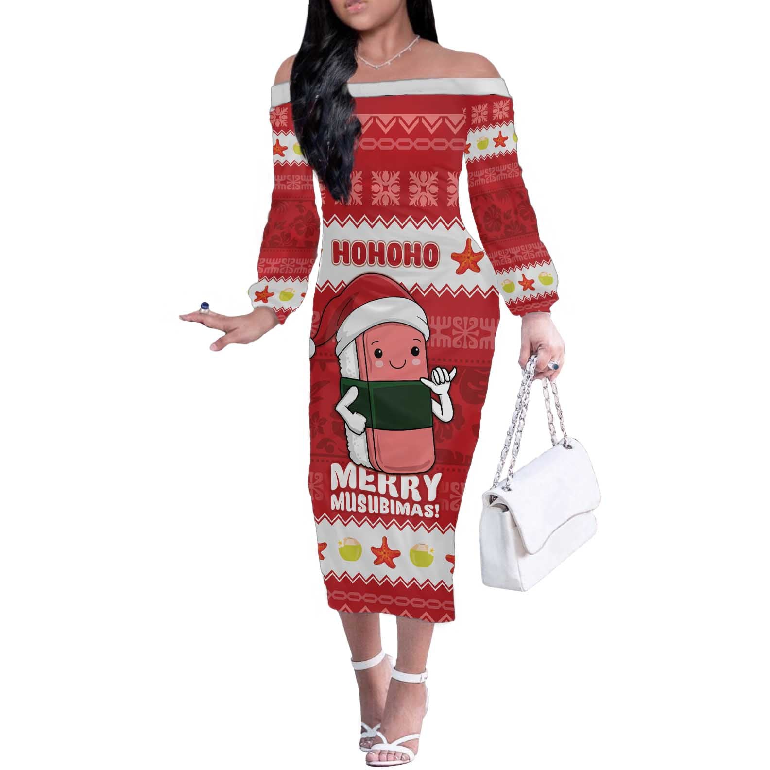 Hawaii Funny Christmas Off The Shoulder Long Sleeve Dress Spam Musubi Santa