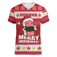 Hawaii Funny Christmas Women V-Neck T-Shirt Spam Musubi Santa LT05 Female Red - Polynesian Pride