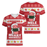 Hawaii Funny Christmas Women V-Neck T-Shirt Spam Musubi Santa LT05 - Polynesian Pride