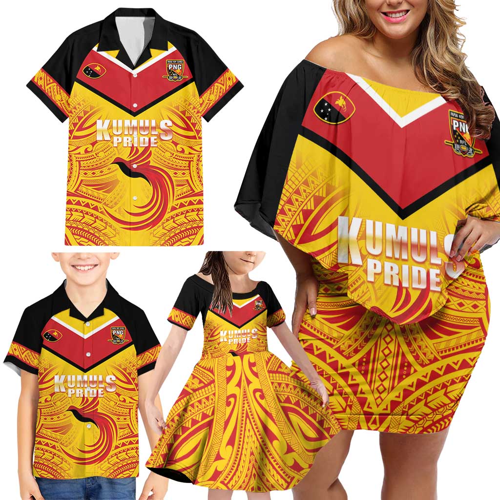 Papua New Guinea Rugby Custom Family Matching Off Shoulder Short Dress and Hawaiian Shirt Kumul Pride Go Champions