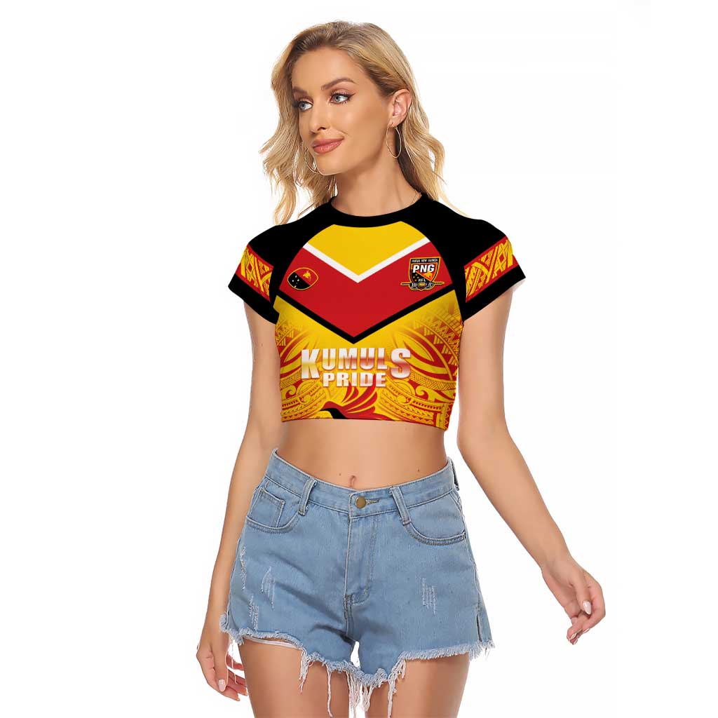 Papua New Guinea Rugby Custom Raglan Cropped T Shirt Kumul Pride Go Champions LT05 Female Yellow - Polynesian Pride