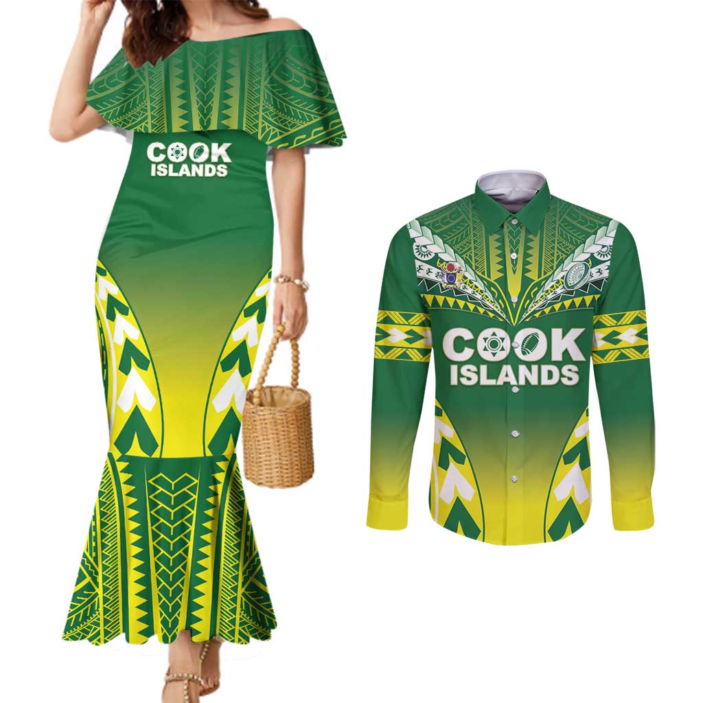 Cook Islands Rugby Custom Couples Matching Mermaid Dress and Long Sleeve Button Shirt The Kukis Go Champions LT05 Green - Polynesian Pride