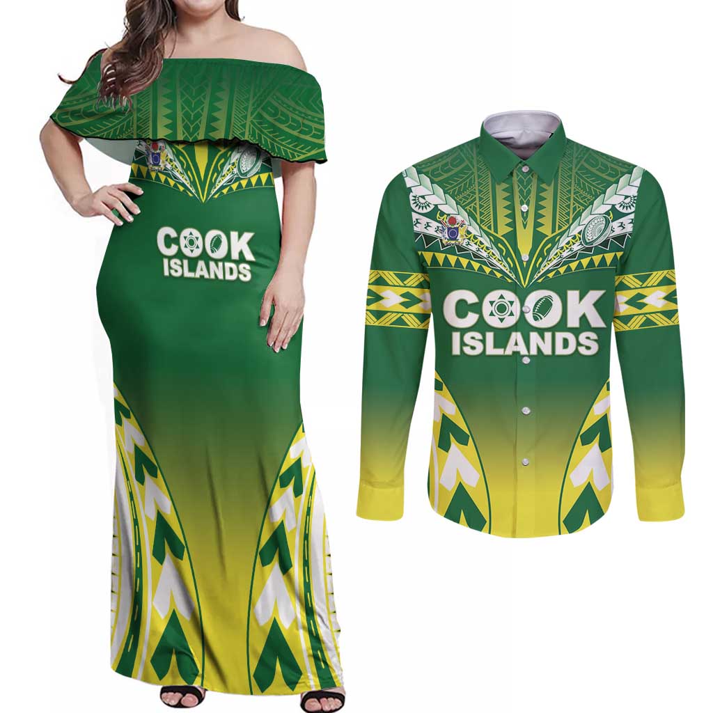 Cook Islands Rugby Custom Couples Matching Off Shoulder Maxi Dress and Long Sleeve Button Shirt The Kukis Go Champions LT05 Green - Polynesian Pride