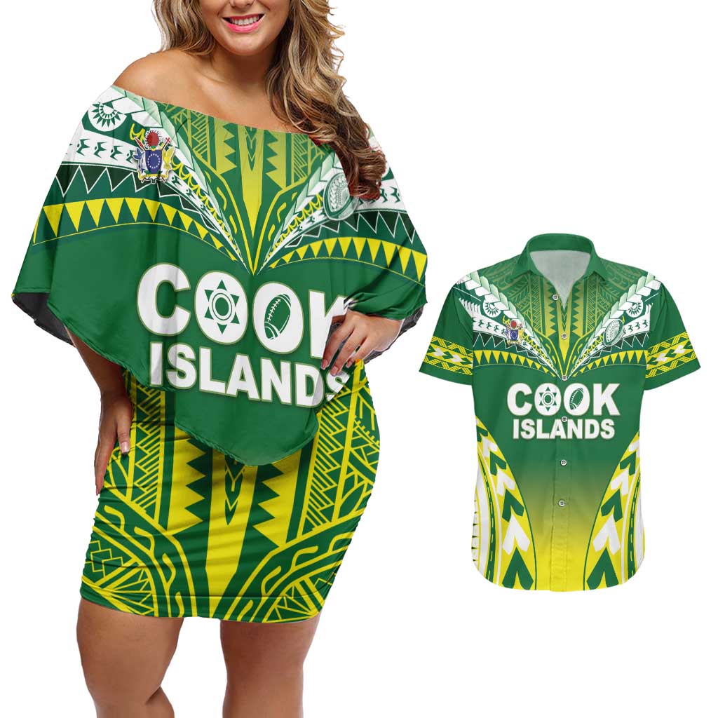 Cook Islands Rugby Custom Couples Matching Off Shoulder Short Dress and Hawaiian Shirt The Kukis Go Champions LT05 Green - Polynesian Pride