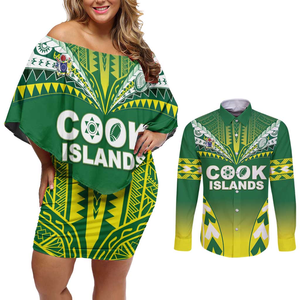 Cook Islands Rugby Custom Couples Matching Off Shoulder Short Dress and Long Sleeve Button Shirt The Kukis Go Champions LT05 Green - Polynesian Pride