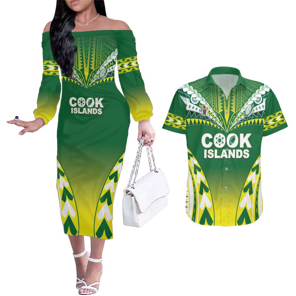 Cook Islands Rugby Custom Couples Matching Off The Shoulder Long Sleeve Dress and Hawaiian Shirt The Kukis Go Champions