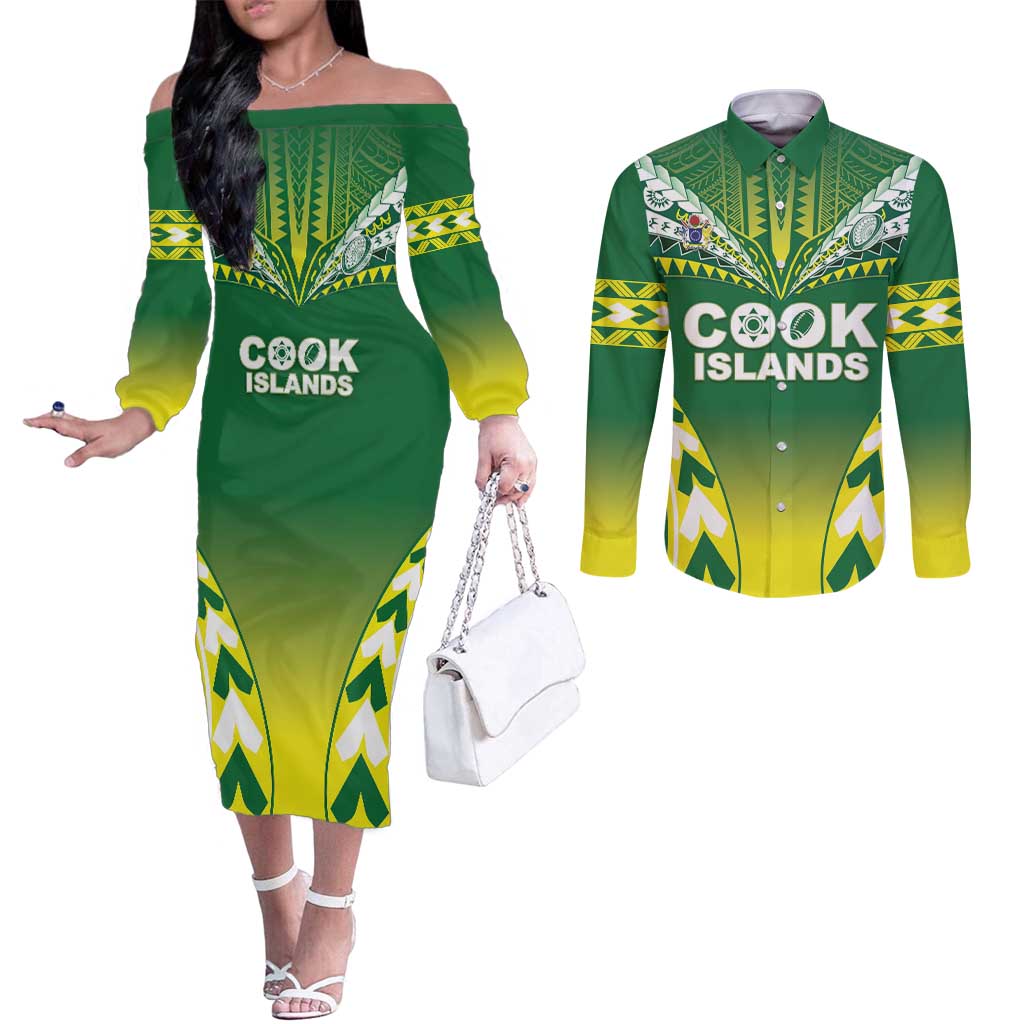 Cook Islands Rugby Custom Couples Matching Off The Shoulder Long Sleeve Dress and Long Sleeve Button Shirt The Kukis Go Champions LT05 Green - Polynesian Pride
