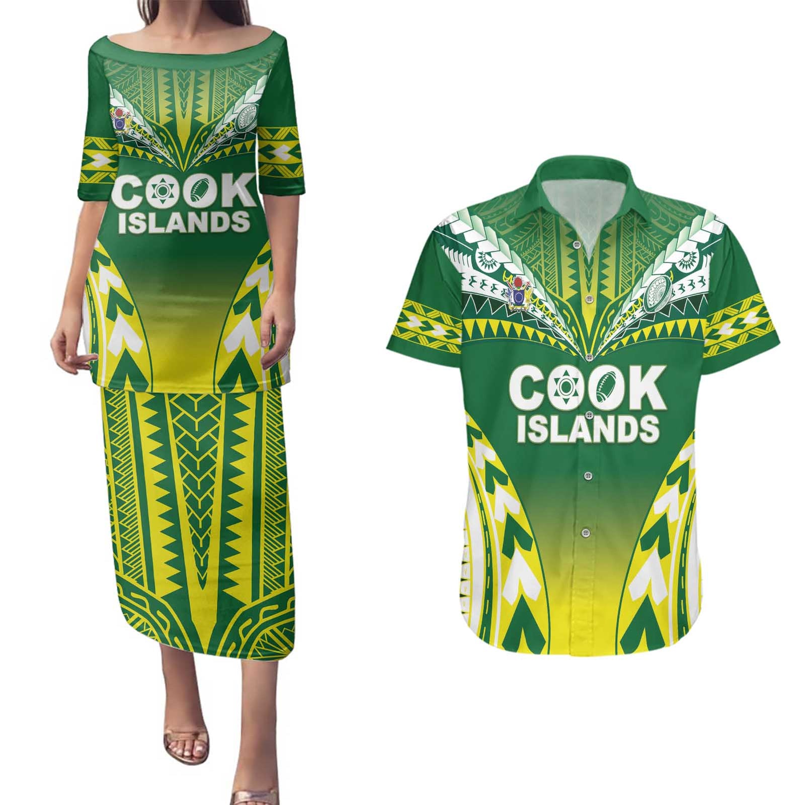 Cook Islands Rugby Custom Couples Matching Puletasi and Hawaiian Shirt The Kukis Go Champions LT05 Green - Polynesian Pride