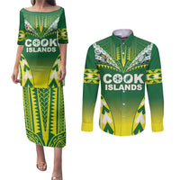 Cook Islands Rugby Custom Couples Matching Puletasi and Long Sleeve Button Shirt The Kukis Go Champions LT05 Green - Polynesian Pride