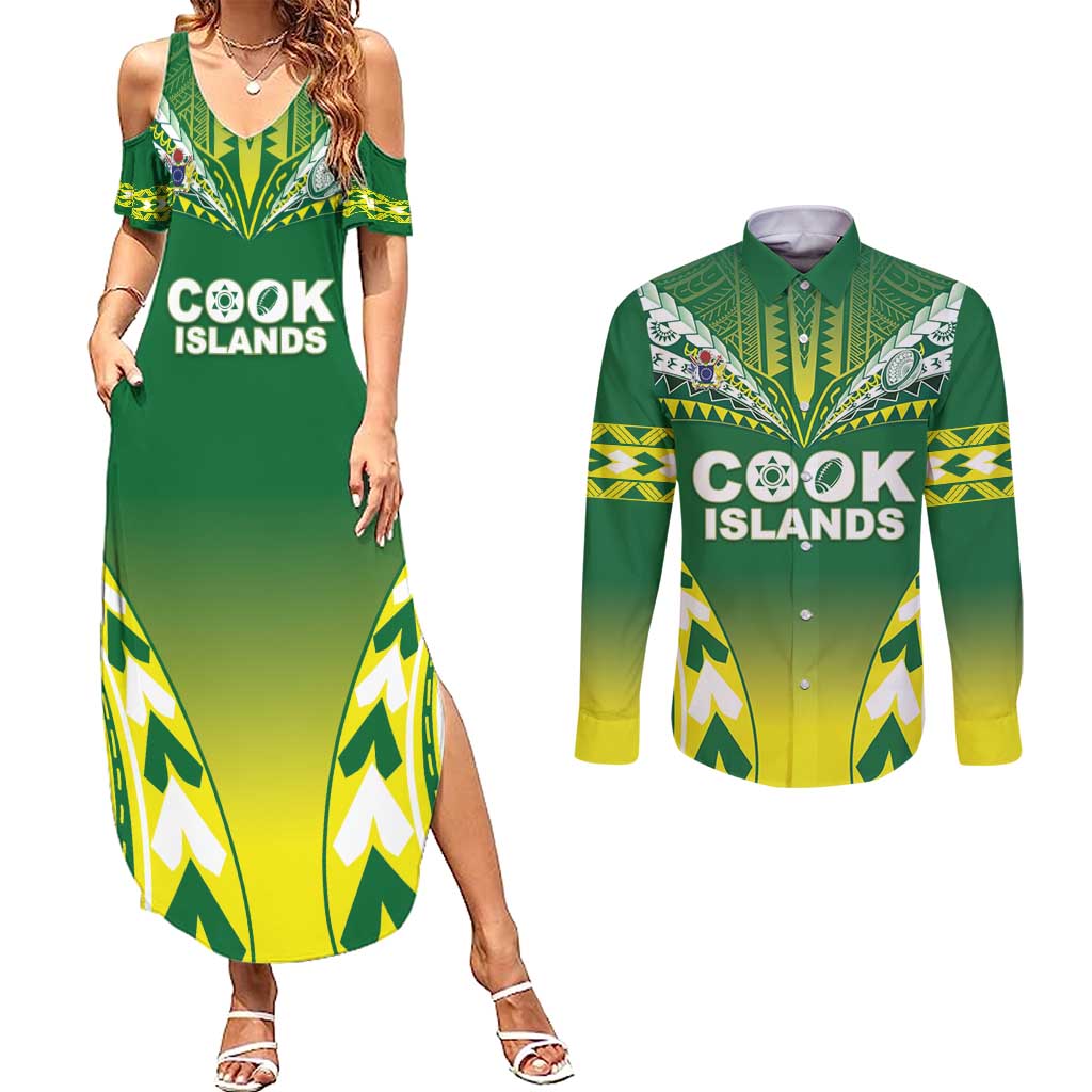 Cook Islands Rugby Custom Couples Matching Summer Maxi Dress and Long Sleeve Button Shirt The Kukis Go Champions LT05 Green - Polynesian Pride