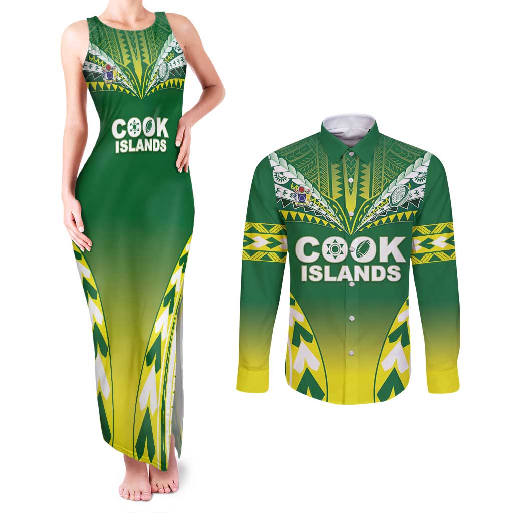 Cook Islands Rugby Custom Couples Matching Tank Maxi Dress and Long Sleeve Button Shirt The Kukis Go Champions LT05 Green - Polynesian Pride