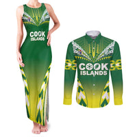 Cook Islands Rugby Custom Couples Matching Tank Maxi Dress and Long Sleeve Button Shirt The Kukis Go Champions LT05 Green - Polynesian Pride