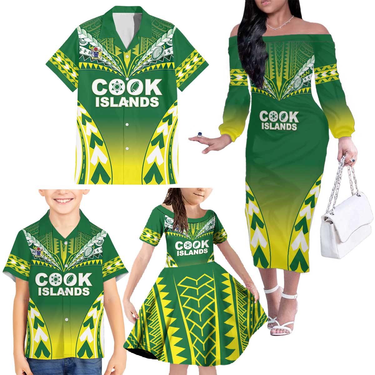 Cook Islands Rugby Custom Family Matching Off The Shoulder Long Sleeve Dress and Hawaiian Shirt The Kukis Go Champions