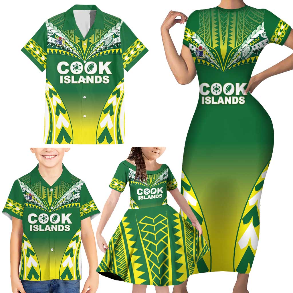 Cook Islands Rugby Custom Family Matching Short Sleeve Bodycon Dress and Hawaiian Shirt The Kukis Go Champions