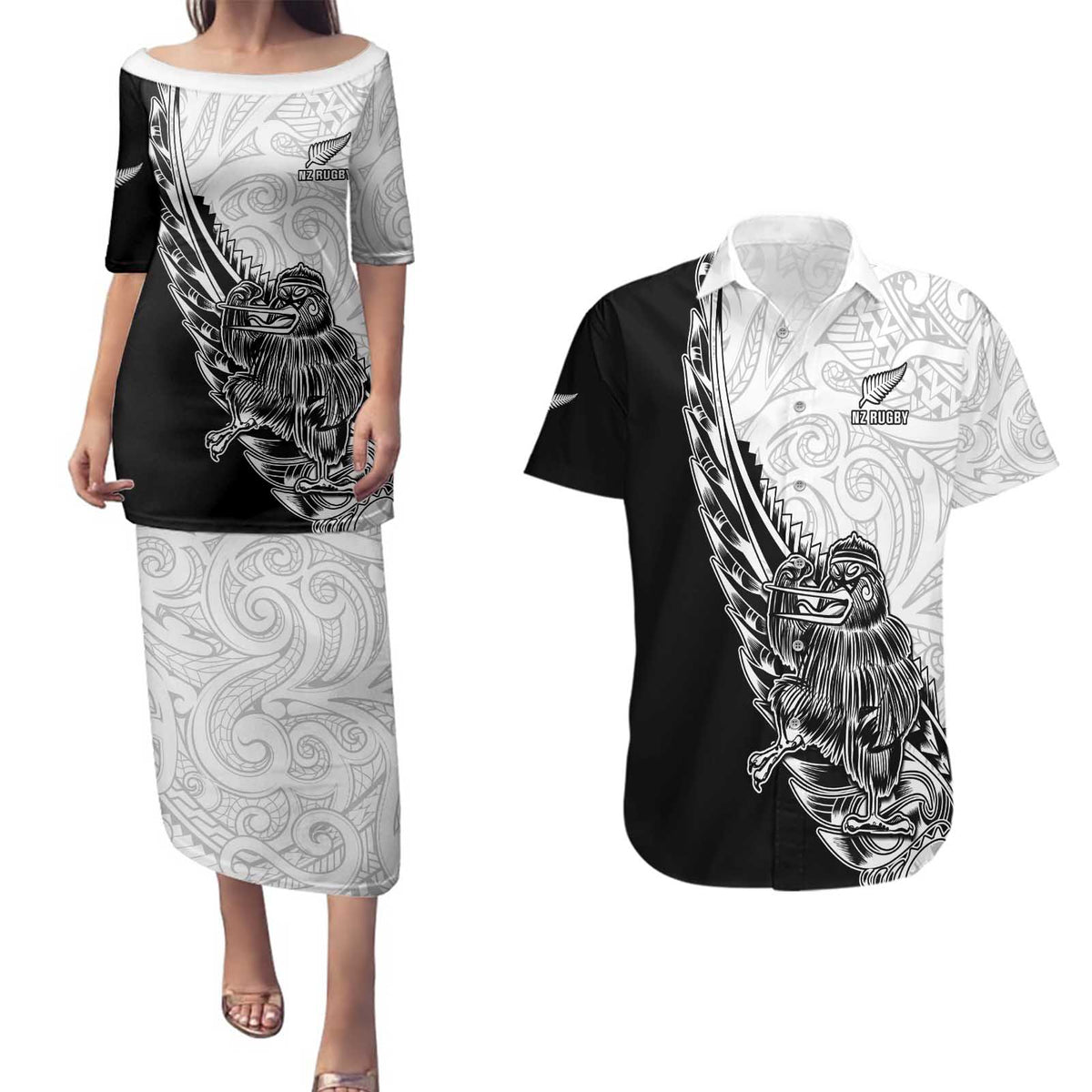 New Zealand Kiwi Rugby Custom Couples Matching Puletasi and Hawaiian Shirt Go Champions Maori Pattern