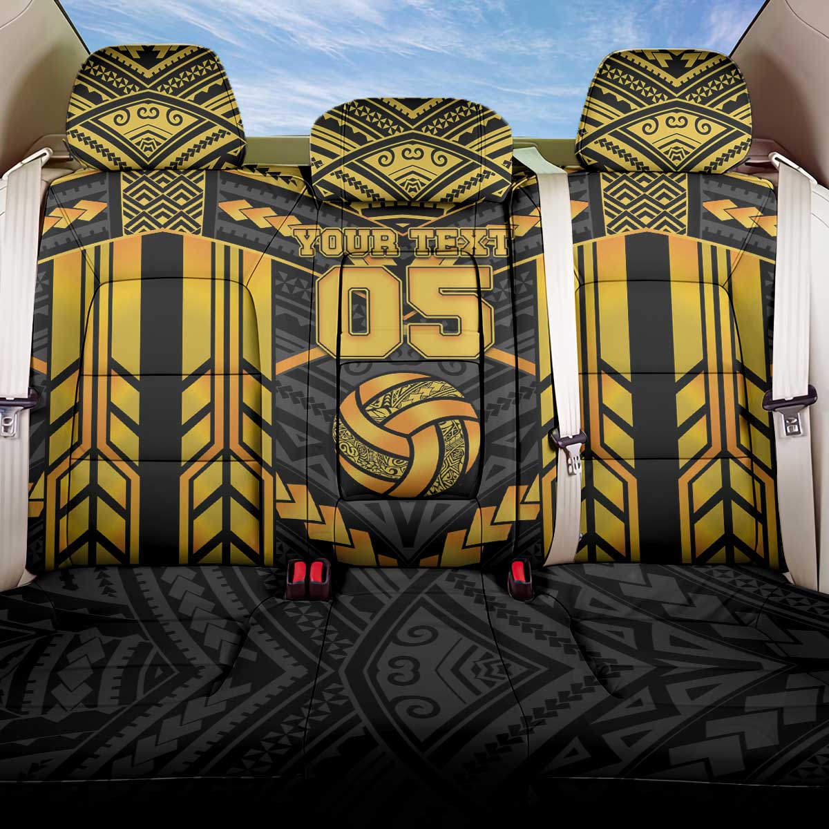 Custom Polynesia Beach Volleyball Back Car Seat Cover Gold Polynesian Tribal Pattern - Polynesian Pride