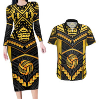 Custom Polynesia Beach Volleyball Couples Matching Long Sleeve Bodycon Dress and Hawaiian Shirt Gold Polynesian Tribal Pattern - Polynesian Pride