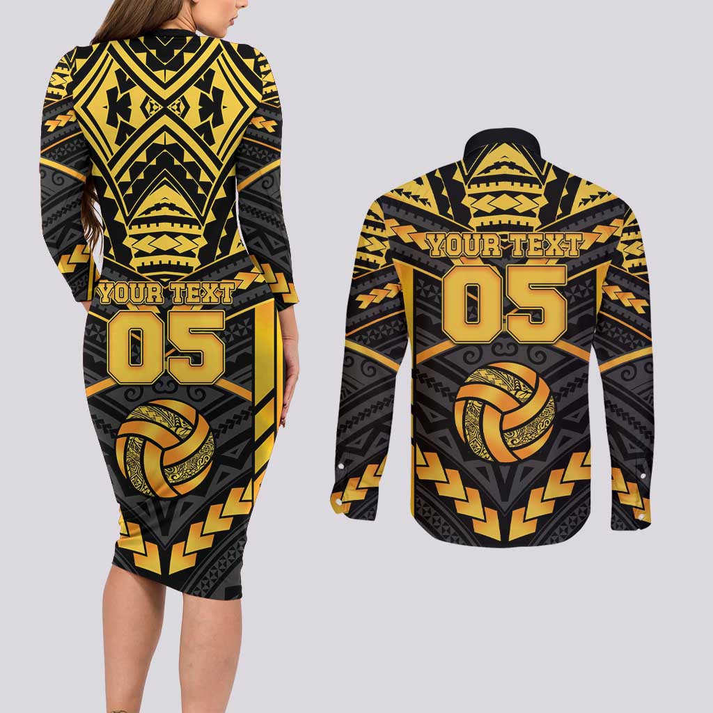 Custom Polynesia Beach Volleyball Couples Matching Long Sleeve Bodycon Dress and Long Sleeve Button Shirt Gold Polynesian Tribal Pattern LT05 - Polynesian Pride
