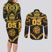 Custom Polynesia Beach Volleyball Couples Matching Long Sleeve Bodycon Dress and Long Sleeve Button Shirt Gold Polynesian Tribal Pattern LT05 - Polynesian Pride