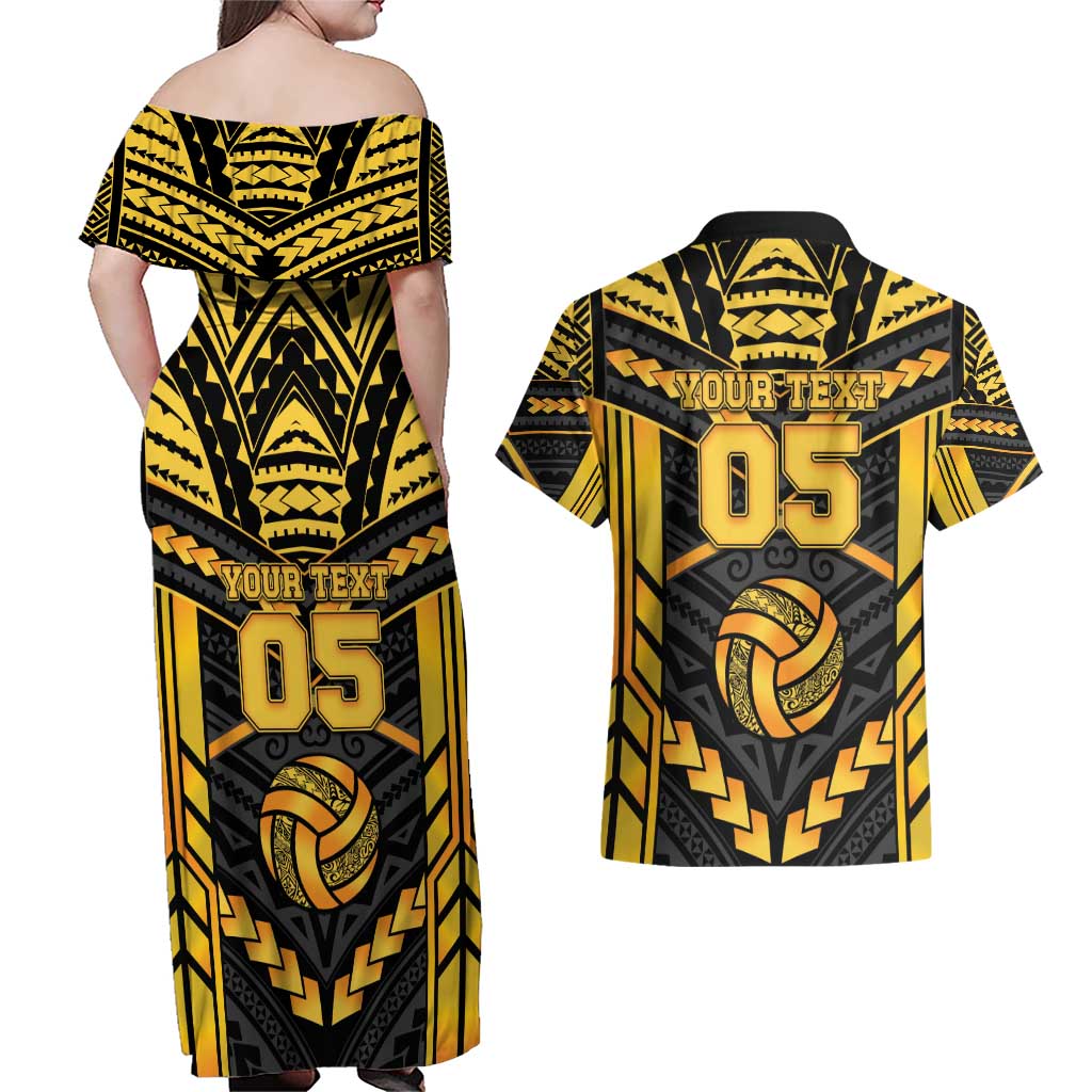 Custom Polynesia Beach Volleyball Couples Matching Off Shoulder Maxi Dress and Hawaiian Shirt Gold Polynesian Tribal Pattern - Polynesian Pride