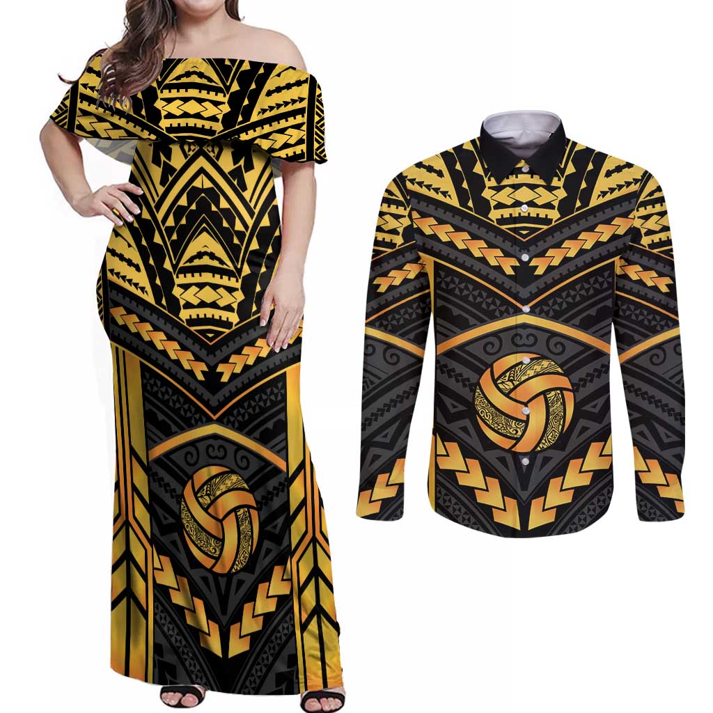 Custom Polynesia Beach Volleyball Couples Matching Off Shoulder Maxi Dress and Long Sleeve Button Shirt Gold Polynesian Tribal Pattern LT05 Gold - Polynesian Pride