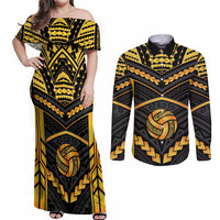 Custom Polynesia Beach Volleyball Couples Matching Off Shoulder Maxi Dress and Long Sleeve Button Shirt Gold Polynesian Tribal Pattern LT05 Gold - Polynesian Pride