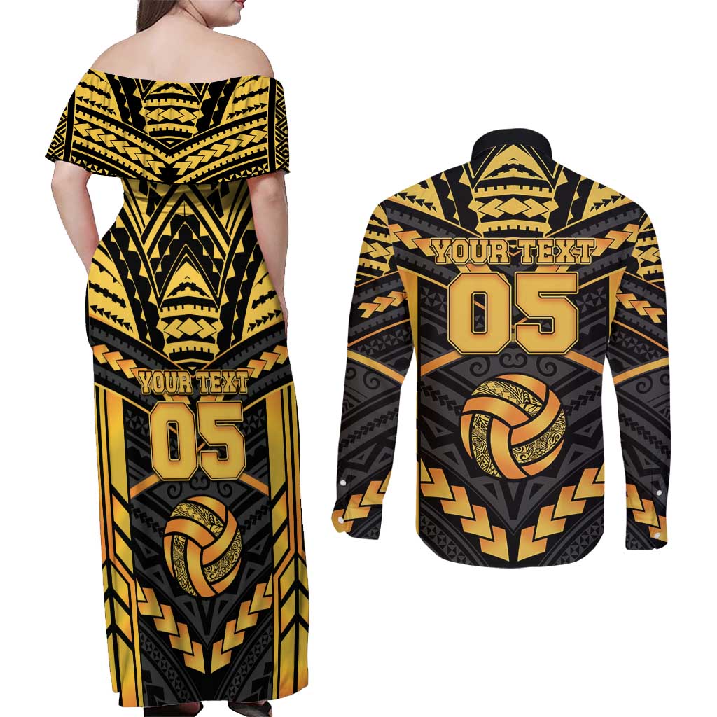 Custom Polynesia Beach Volleyball Couples Matching Off Shoulder Maxi Dress and Long Sleeve Button Shirt Gold Polynesian Tribal Pattern LT05 - Polynesian Pride