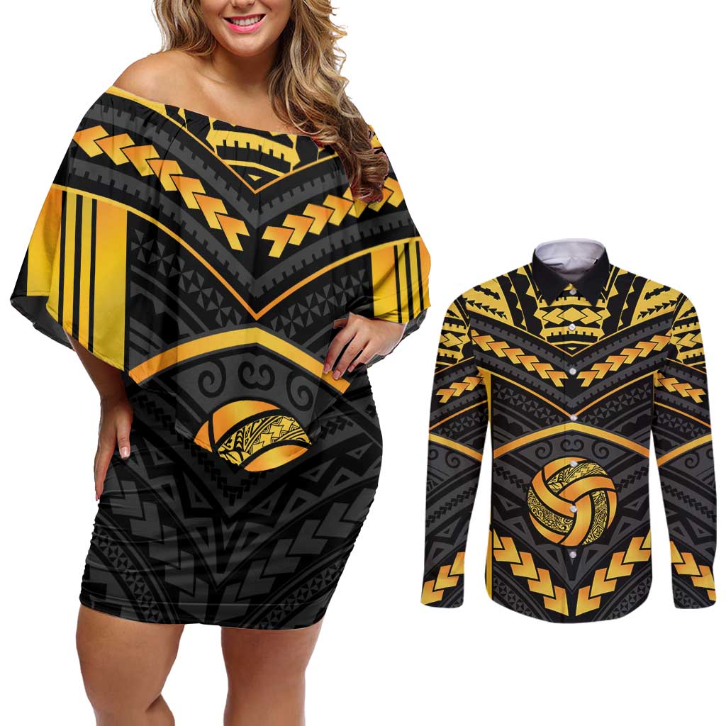 Custom Polynesia Beach Volleyball Couples Matching Off Shoulder Short Dress and Long Sleeve Button Shirt Gold Polynesian Tribal Pattern LT05 Gold - Polynesian Pride