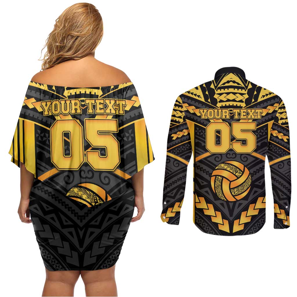 Custom Polynesia Beach Volleyball Couples Matching Off Shoulder Short Dress and Long Sleeve Button Shirt Gold Polynesian Tribal Pattern LT05 - Polynesian Pride