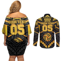 Custom Polynesia Beach Volleyball Couples Matching Off Shoulder Short Dress and Long Sleeve Button Shirt Gold Polynesian Tribal Pattern LT05 - Polynesian Pride