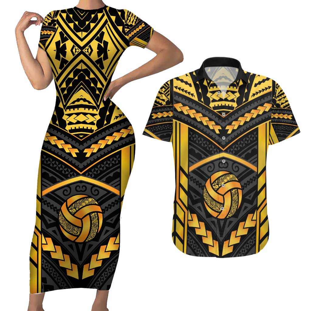 Custom Polynesia Beach Volleyball Couples Matching Short Sleeve Bodycon Dress and Hawaiian Shirt Gold Polynesian Tribal Pattern - Polynesian Pride