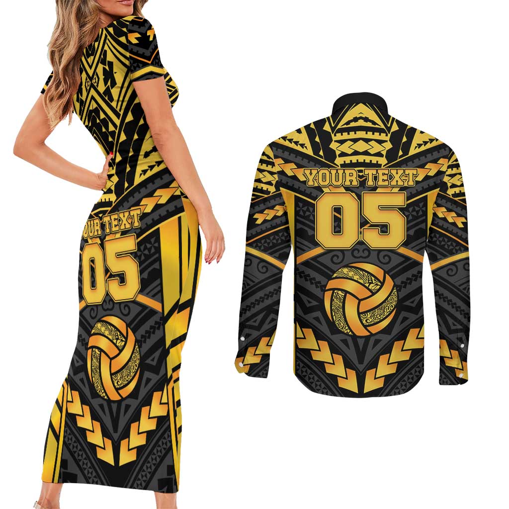 Custom Polynesia Beach Volleyball Couples Matching Short Sleeve Bodycon Dress and Long Sleeve Button Shirt Gold Polynesian Tribal Pattern LT05 - Polynesian Pride