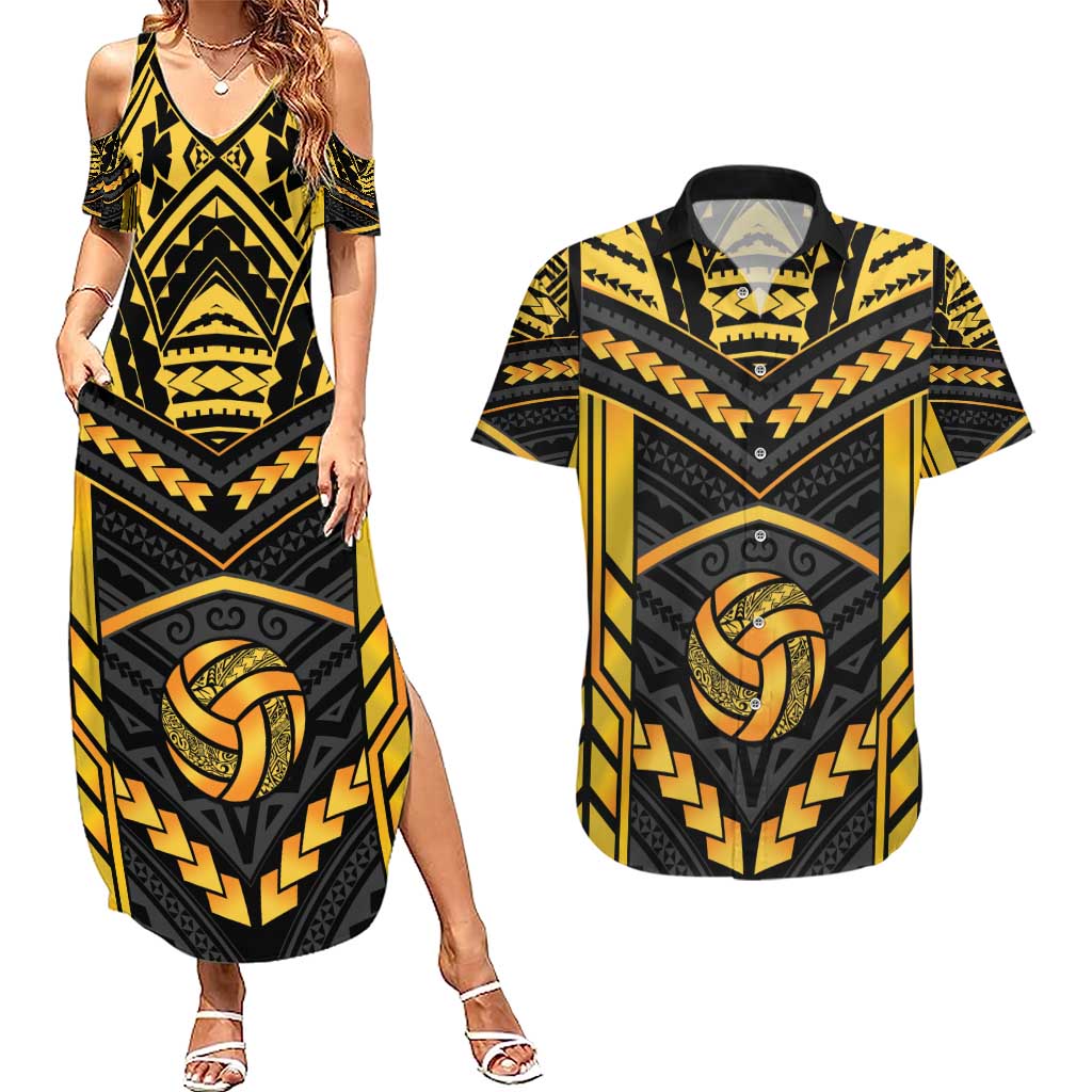 Custom Polynesia Beach Volleyball Couples Matching Summer Maxi Dress and Hawaiian Shirt Gold Polynesian Tribal Pattern - Polynesian Pride