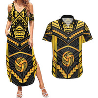 Custom Polynesia Beach Volleyball Couples Matching Summer Maxi Dress and Hawaiian Shirt Gold Polynesian Tribal Pattern - Polynesian Pride
